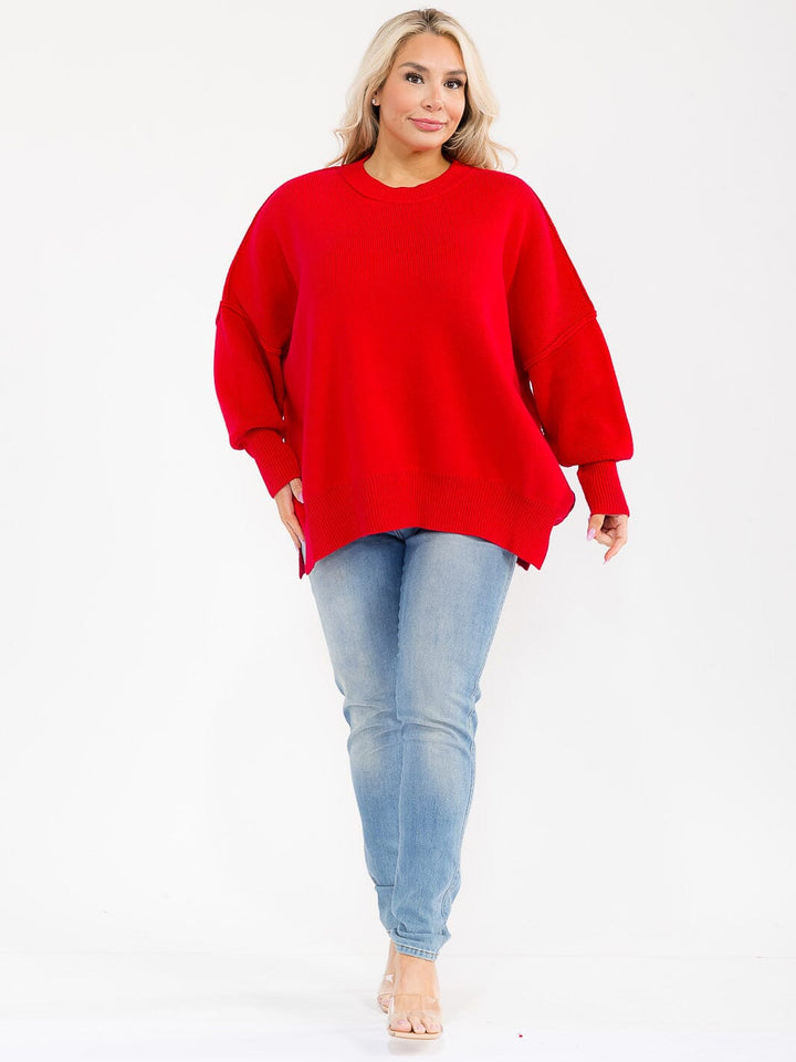 PLUS SIZE LONG SLEEVE RIBBED PULLOVER BLOUSE