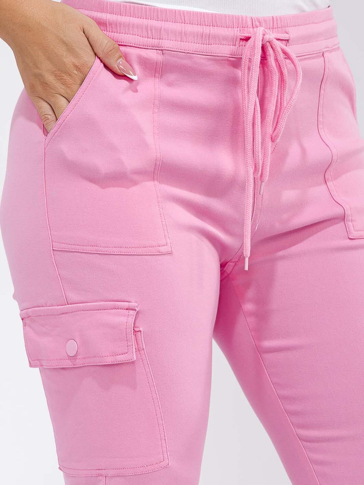 PLUS SIZE ELASTIC WAIST SELF TIE CARGO POCKETS JOGGER PANTS