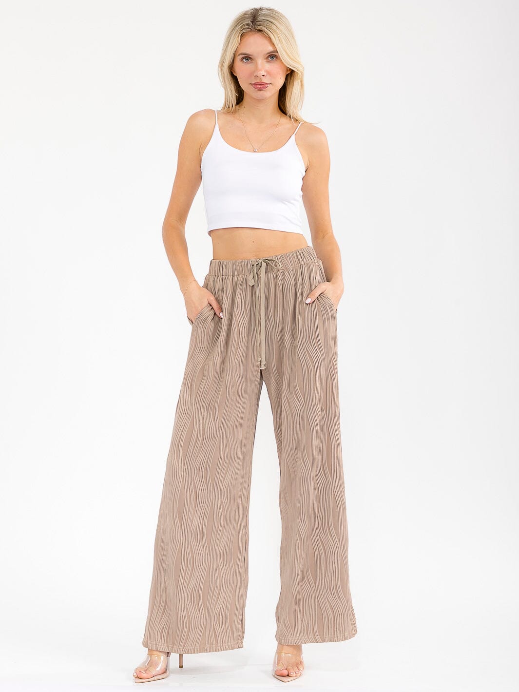 WOMEN'S ELASTIC WAIST FRONT POCKET WIDE LEG DETAILED PANTS