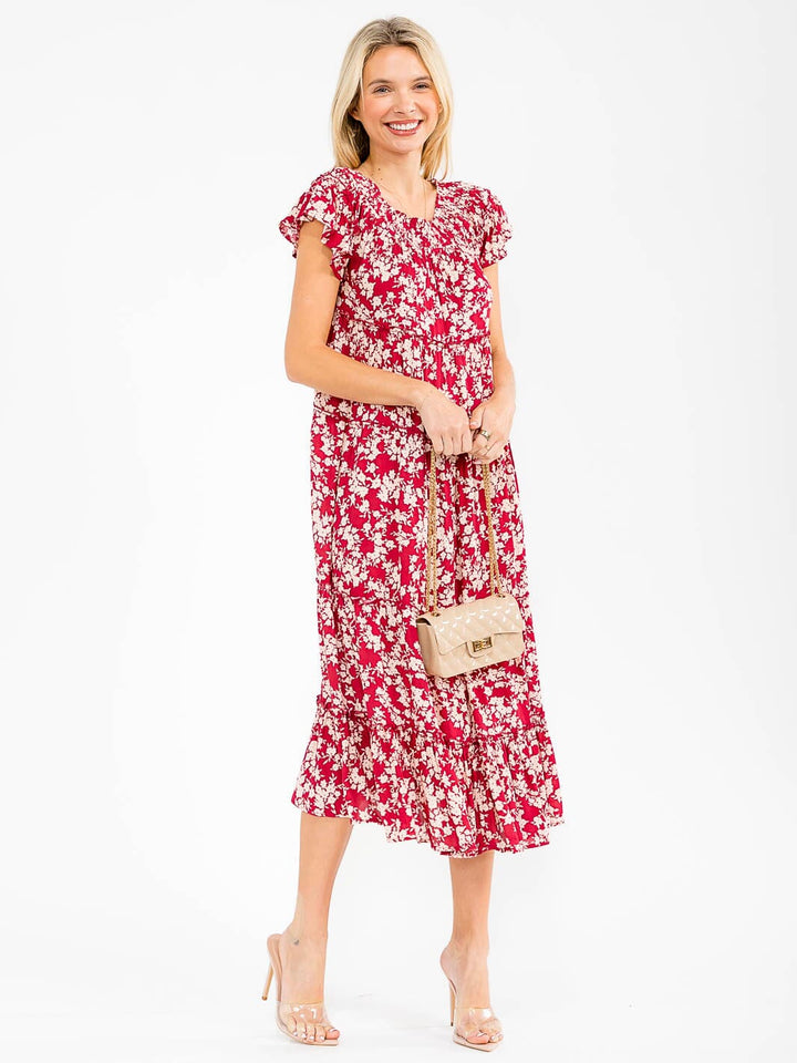 WOMEN'S SHORT SLEEVE RUFFLE TIERED FLORAL MAXI DRESS