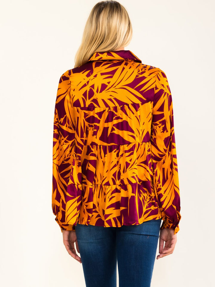 ENTRO WOMEN'S LONG SLEEVE V-NECK BUTTON UP TIERED MULTI PRINT BLOUSE
