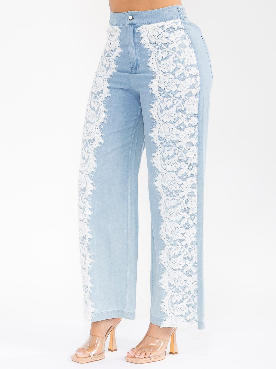 WOMEN'S BUTTON CLOSURE LACE DETAILED WIDE LEG DENIM PANTS