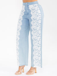 WOMEN'S BUTTON CLOSURE LACE DETAILED WIDE LEG DENIM PANTS