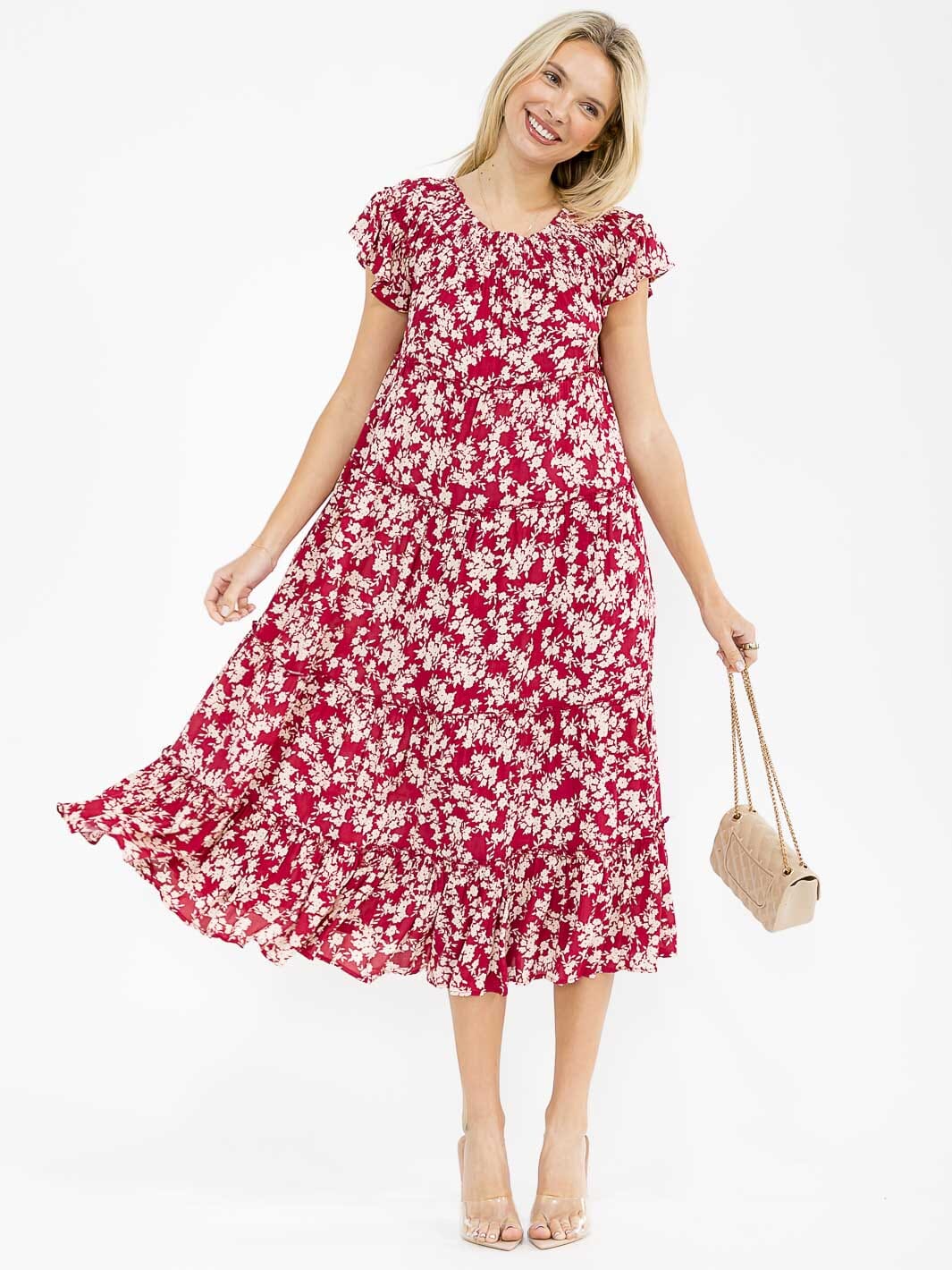 WOMEN'S SHORT SLEEVE RUFFLE TIERED FLORAL MAXI DRESS