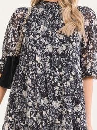 WOMEN'S SHORT SLEEVE SMOCK TUNIC FLORAL PRINT MINI DRESS