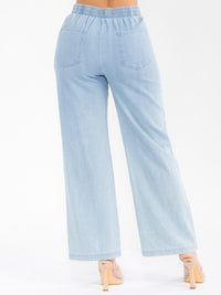 WOMEN'S BUTTON CLOSURE LACE DETAILED WIDE LEG DENIM PANTS