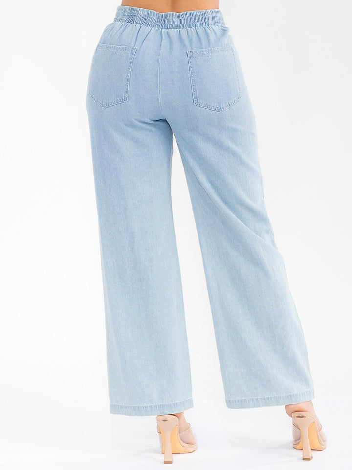 WOMEN'S BUTTON CLOSURE LACE DETAILED WIDE LEG DENIM PANTS