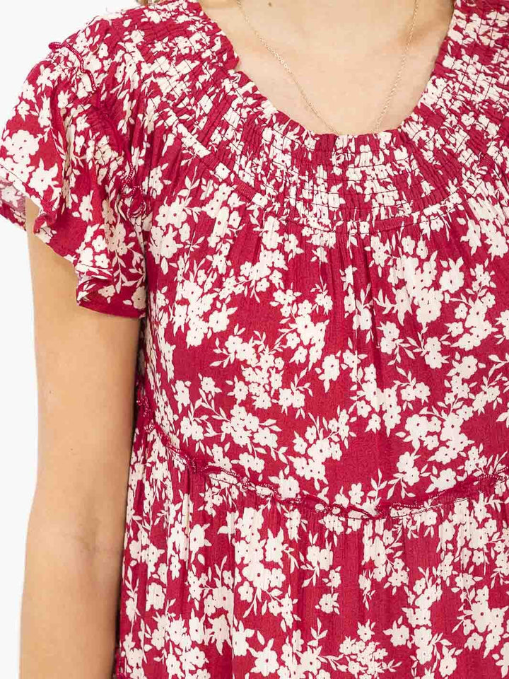 WOMEN'S SHORT SLEEVE RUFFLE TIERED FLORAL MAXI DRESS