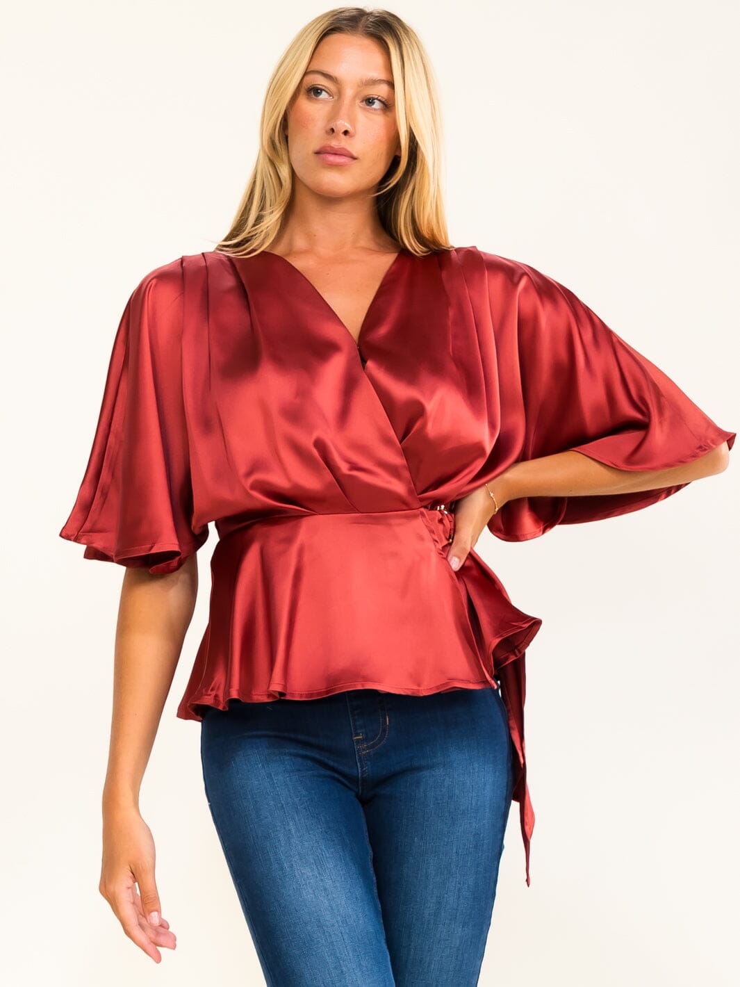 WOMEN'S SHORT SLEEVE SELF TIE WRAP BLOUSE