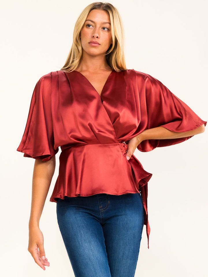 WOMEN'S SHORT SLEEVE SELF TIE WRAP BLOUSE