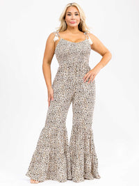 PLUS SIZE SLEEVELESS V-NECK ANIMAL PRINT BELL LEG JUMPSUIT