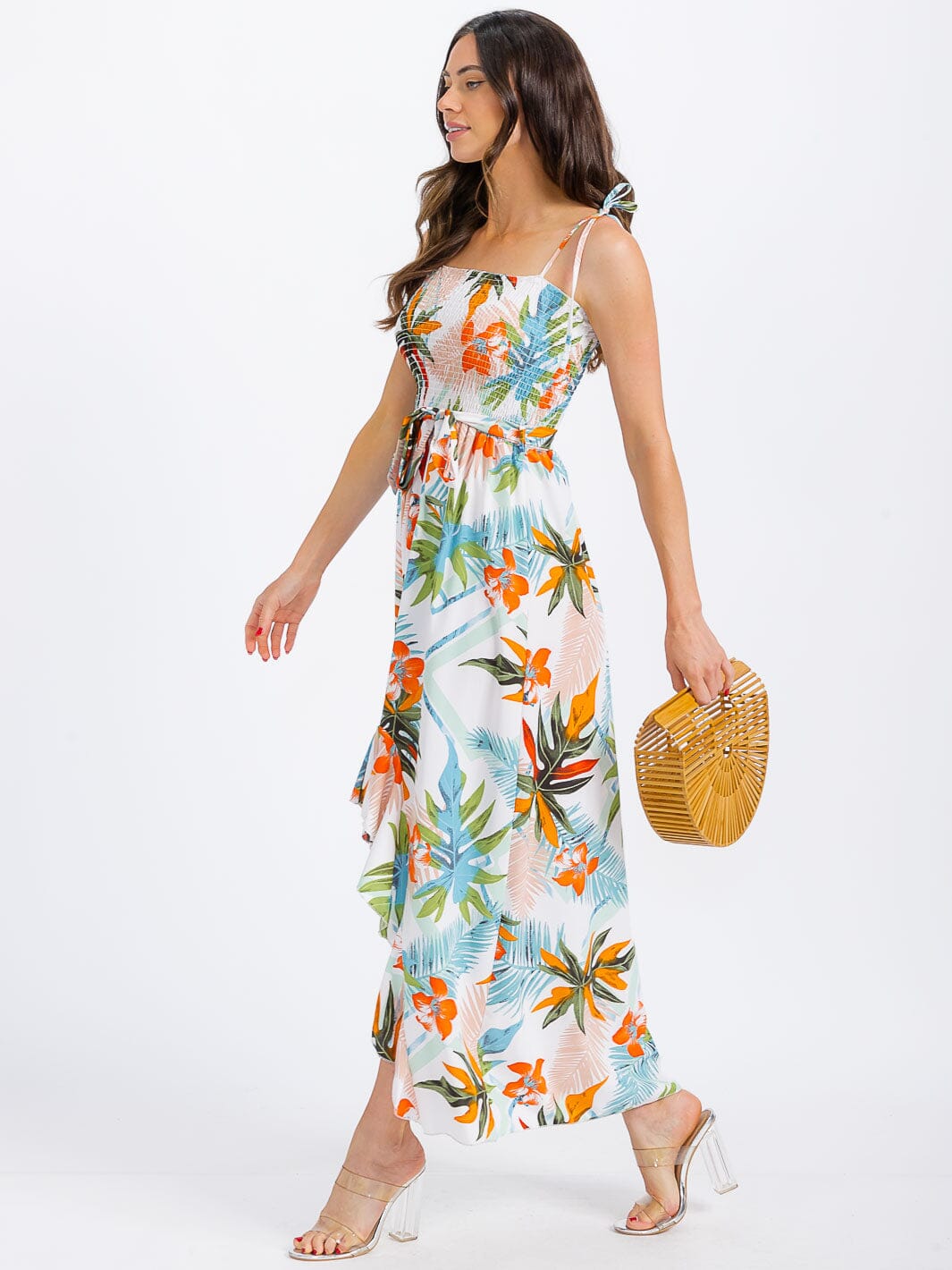 WOMEN'S SLEEVELESS SMOCK FRONT SLIT FLORAL MAXI DRESS