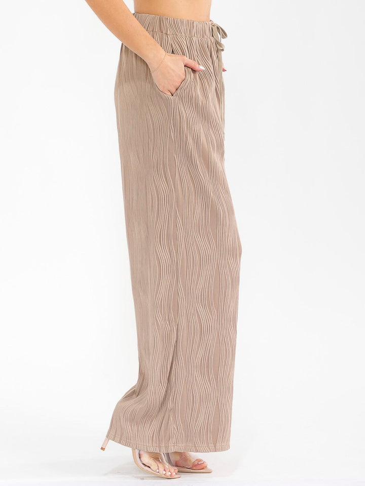 WOMEN'S ELASTIC WAIST FRONT POCKET WIDE LEG DETAILED PANTS