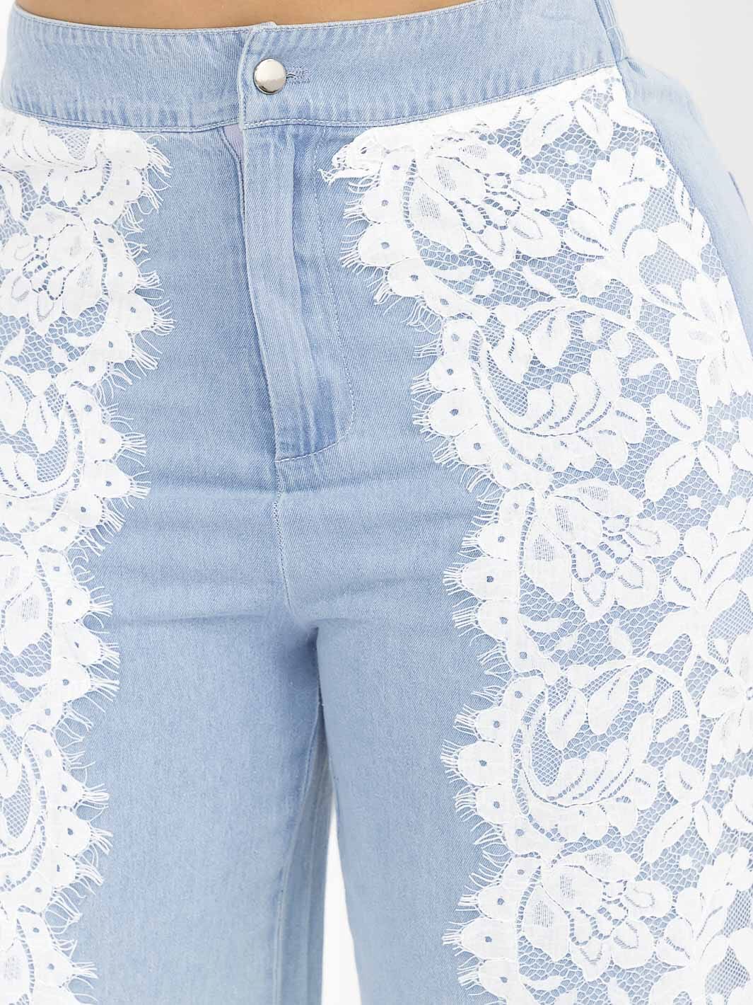 WOMEN'S BUTTON CLOSURE LACE DETAILED WIDE LEG DENIM PANTS