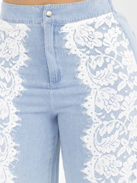 WOMEN'S BUTTON CLOSURE LACE DETAILED WIDE LEG DENIM PANTS