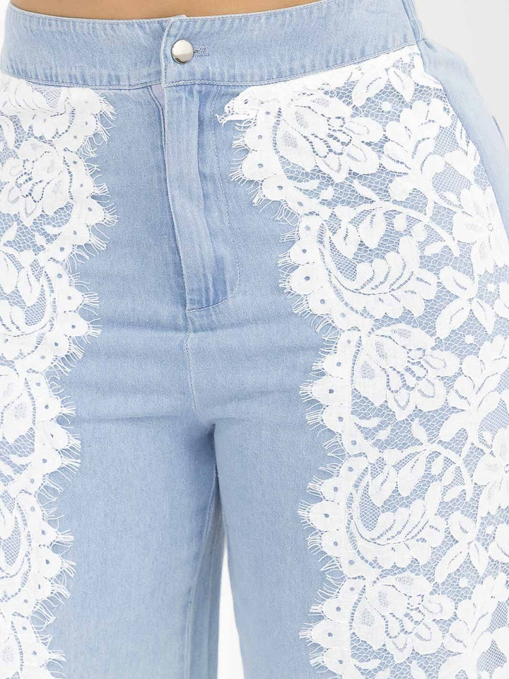 WOMEN'S BUTTON CLOSURE LACE DETAILED WIDE LEG DENIM PANTS