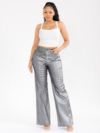 WOMEN'S BUTTON CLOSURE POCKETS WIDE LEG STRETCH SHIMMER DENIM PANTS