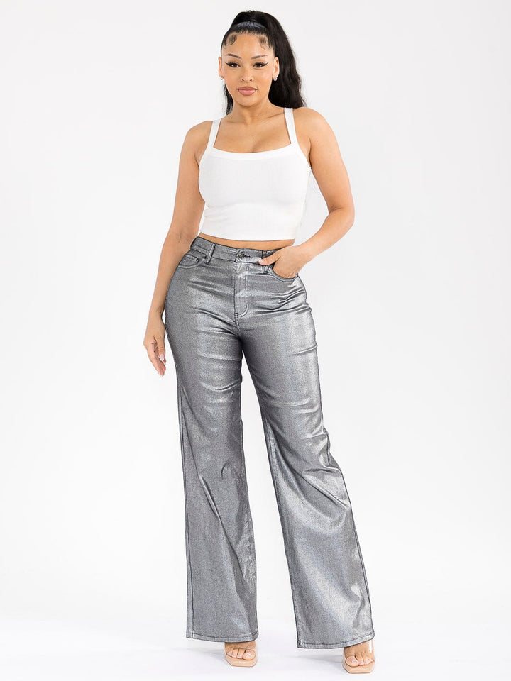 WOMEN'S BUTTON CLOSURE POCKETS WIDE LEG STRETCH SHIMMER DENIM PANTS
