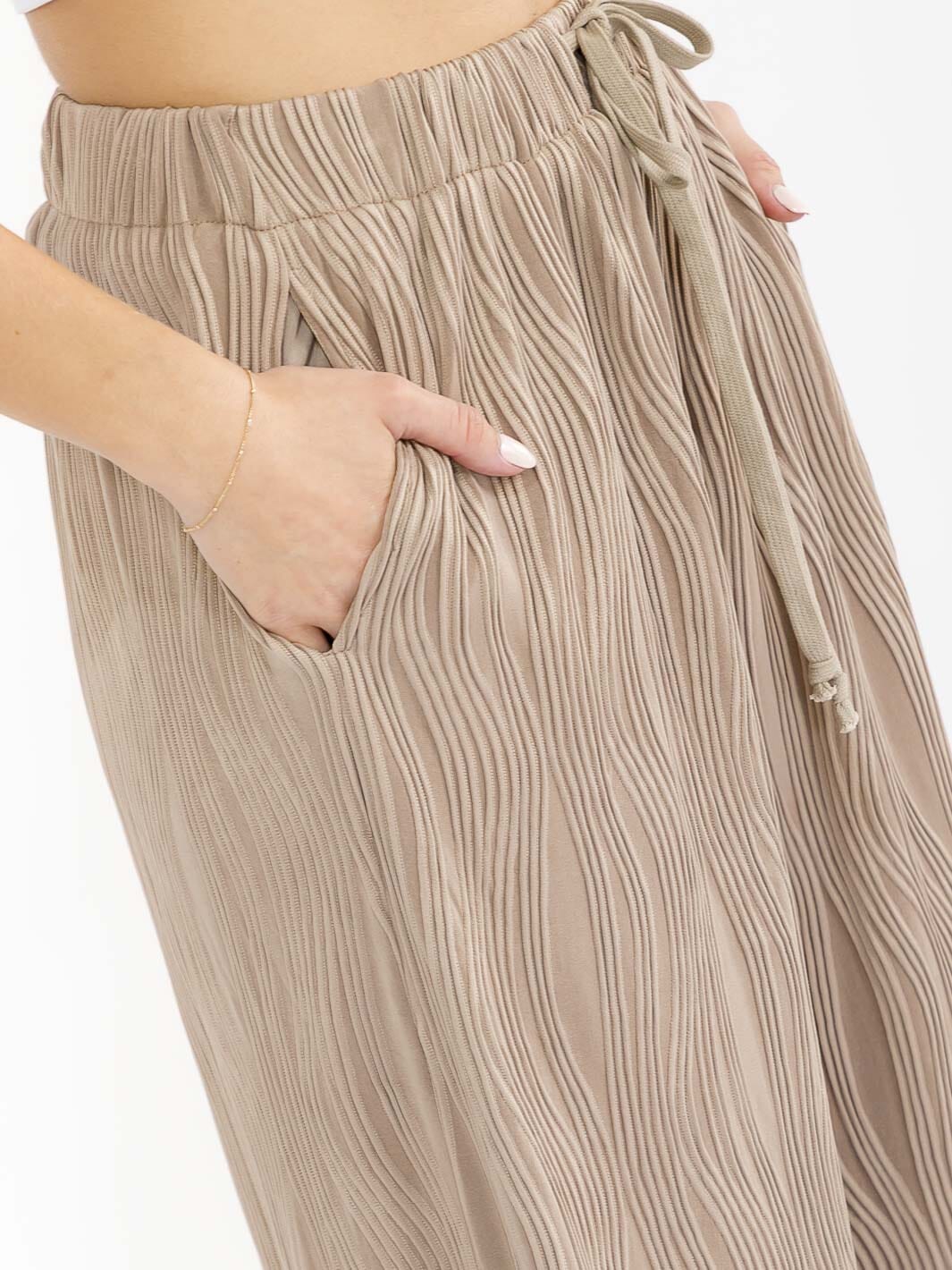 WOMEN'S ELASTIC WAIST FRONT POCKET WIDE LEG DETAILED PANTS