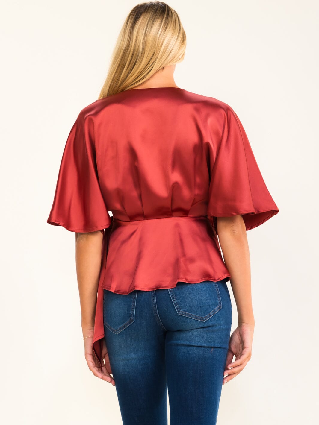 WOMEN'S SHORT SLEEVE SELF TIE WRAP BLOUSE