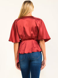 WOMEN'S SHORT SLEEVE SELF TIE WRAP BLOUSE
