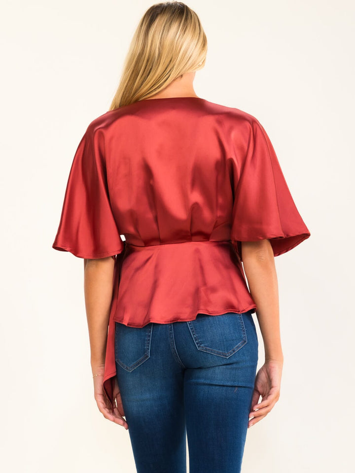 WOMEN'S SHORT SLEEVE SELF TIE WRAP BLOUSE