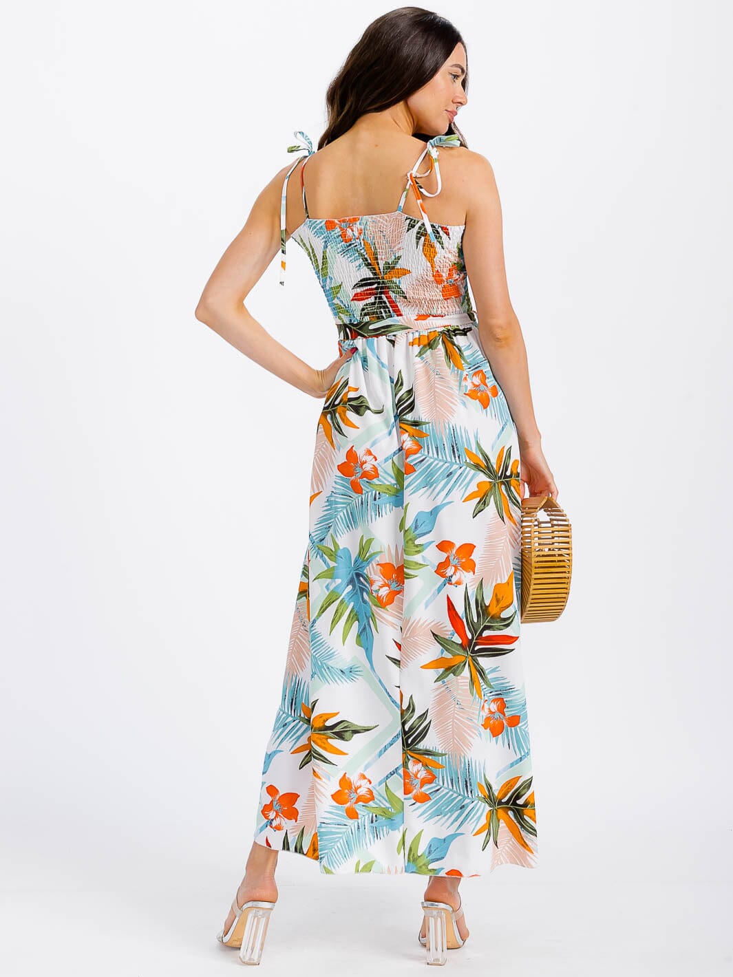 WOMEN'S SLEEVELESS SMOCK FRONT SLIT FLORAL MAXI DRESS