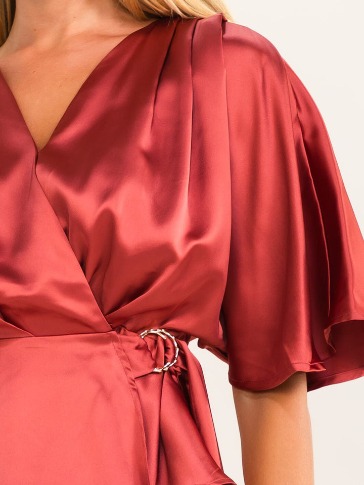 WOMEN'S SHORT SLEEVE SELF TIE WRAP BLOUSE