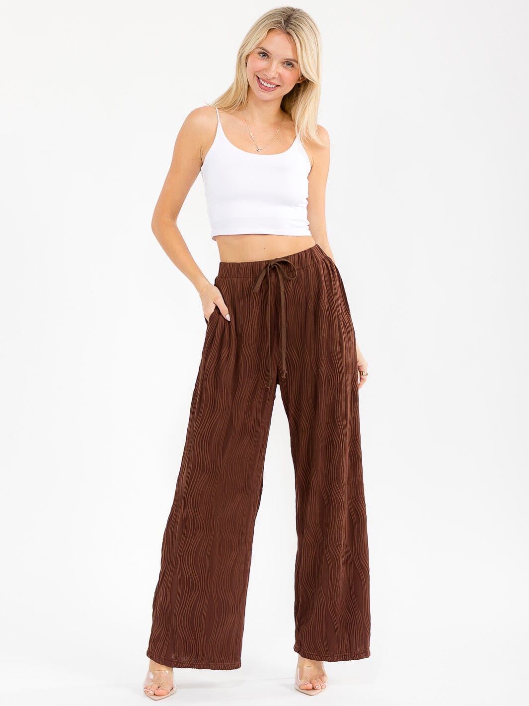 WOMEN'S ELASTIC WAIST FRONT POCKET WIDE LEG DETAILED PANTS