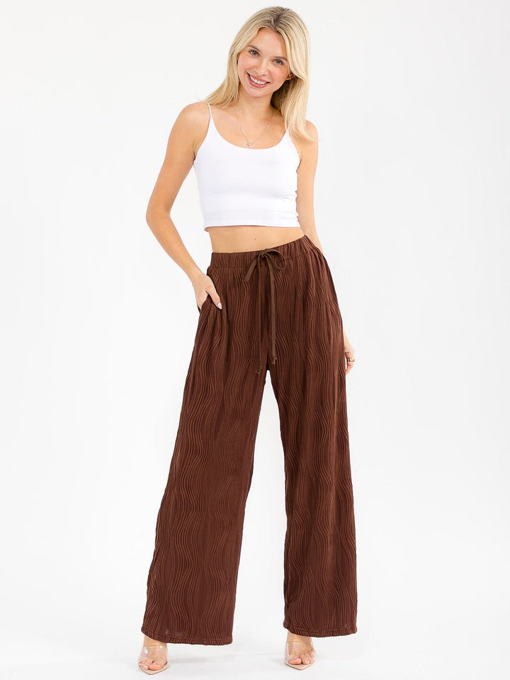 WOMEN'S ELASTIC WAIST FRONT POCKET WIDE LEG DETAILED PANTS