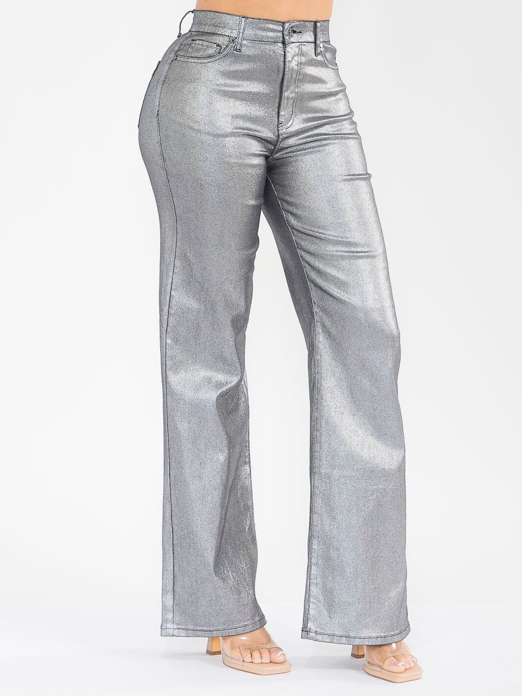 WOMEN'S BUTTON CLOSURE POCKETS WIDE LEG STRETCH SHIMMER DENIM PANTS