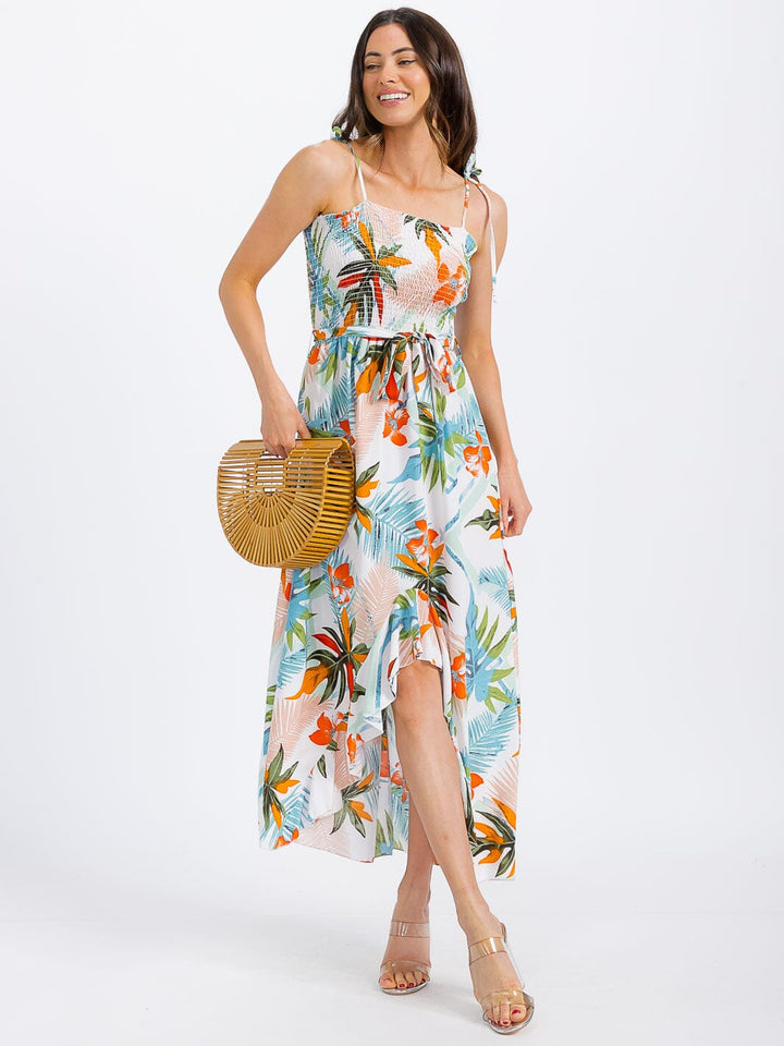 WOMEN'S SLEEVELESS SMOCK FRONT SLIT FLORAL MAXI DRESS