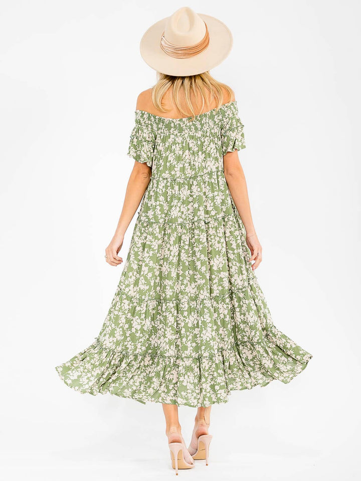 WOMEN'S SHORT SLEEVE RUFFLE TIERED FLORAL MAXI DRESS