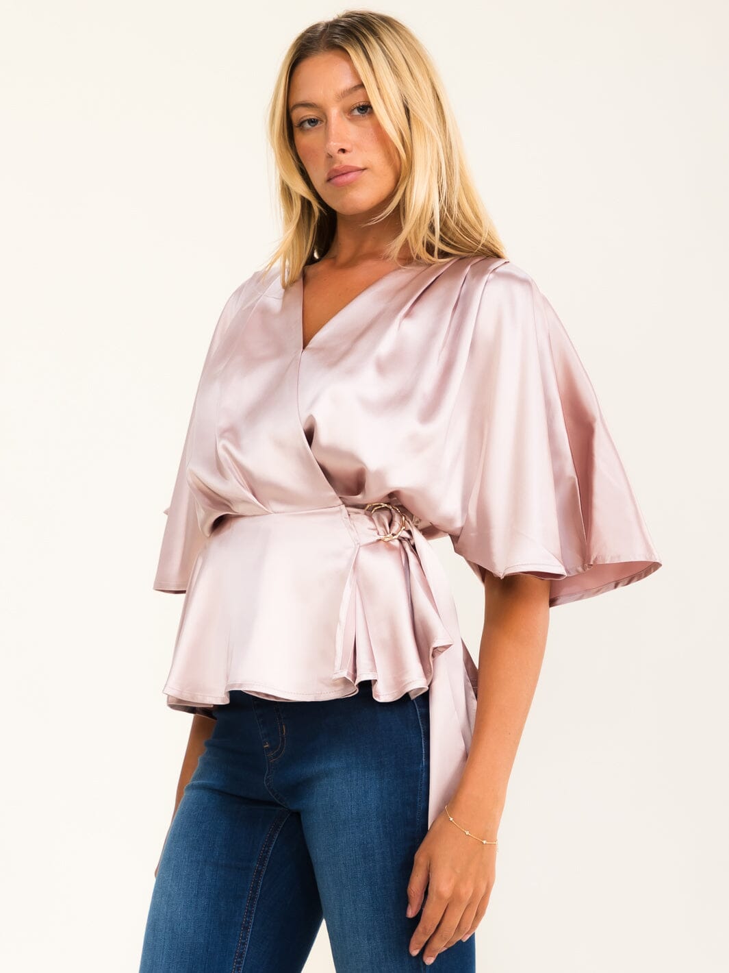 WOMEN'S SHORT SLEEVE SELF TIE WRAP BLOUSE
