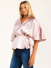 WOMEN'S SHORT SLEEVE SELF TIE WRAP BLOUSE