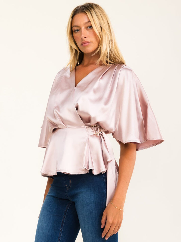 WOMEN'S SHORT SLEEVE SELF TIE WRAP BLOUSE