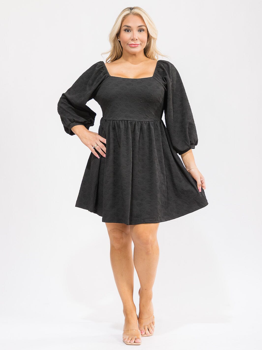 PLUS SIZE 3/4 SLEEVES ELASTIC WAIST FIT & FLARE MINI DRESS
