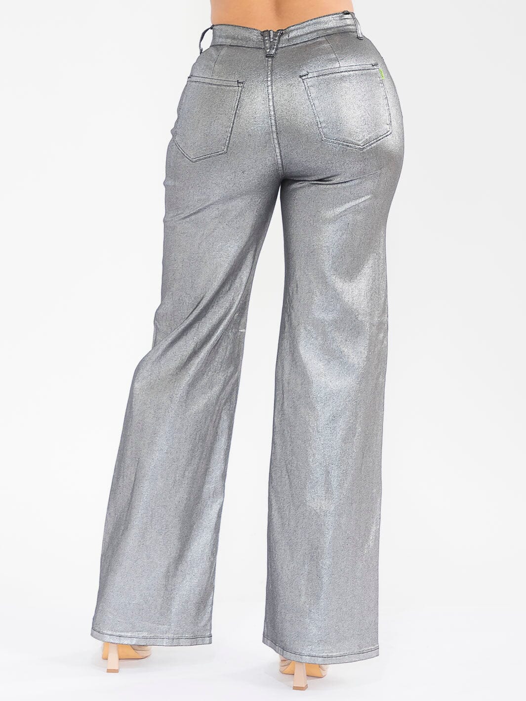 WOMEN'S BUTTON CLOSURE POCKETS WIDE LEG STRETCH SHIMMER DENIM PANTS