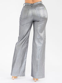 WOMEN'S BUTTON CLOSURE POCKETS WIDE LEG STRETCH SHIMMER DENIM PANTS