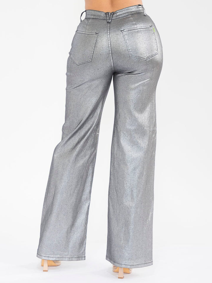 WOMEN'S BUTTON CLOSURE POCKETS WIDE LEG STRETCH SHIMMER DENIM PANTS