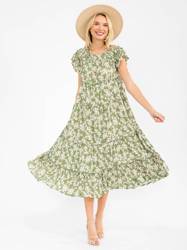 WOMEN'S SHORT SLEEVE RUFFLE TIERED FLORAL MAXI DRESS