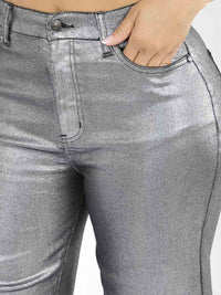 WOMEN'S BUTTON CLOSURE POCKETS WIDE LEG STRETCH SHIMMER DENIM PANTS
