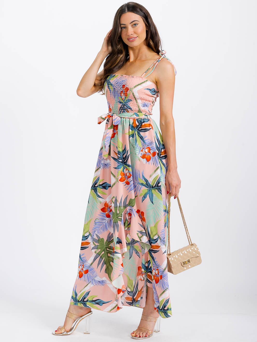 WOMEN'S SLEEVELESS SMOCK FRONT SLIT FLORAL MAXI DRESS