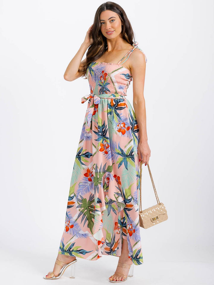 WOMEN'S SLEEVELESS SMOCK FRONT SLIT FLORAL MAXI DRESS