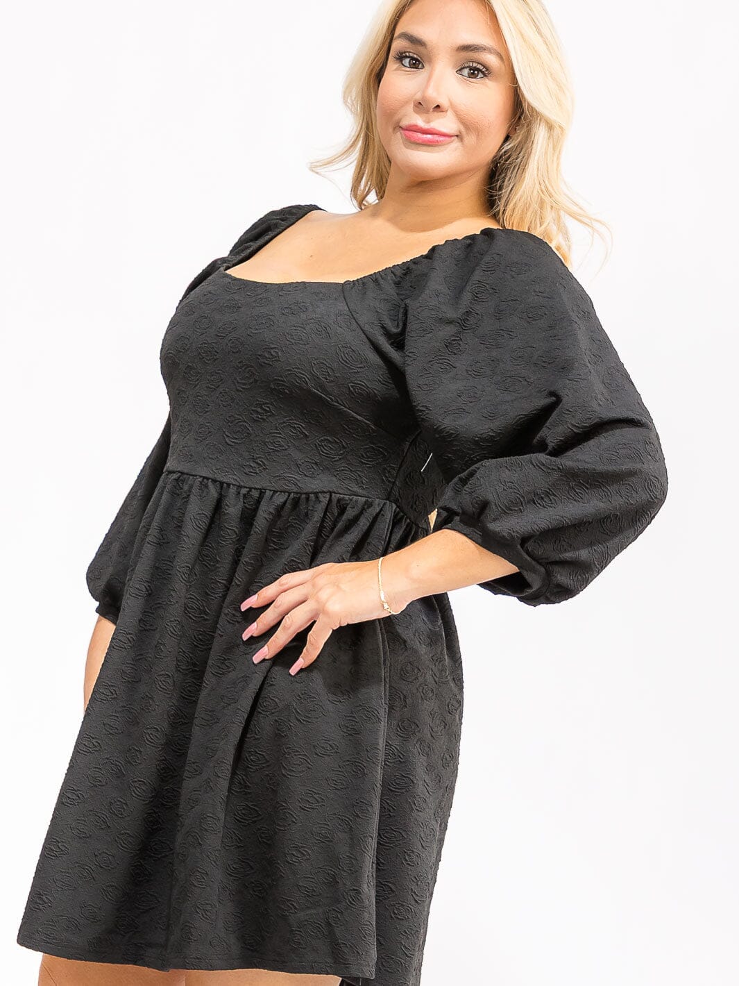 PLUS SIZE 3/4 SLEEVES ELASTIC WAIST FIT & FLARE MINI DRESS
