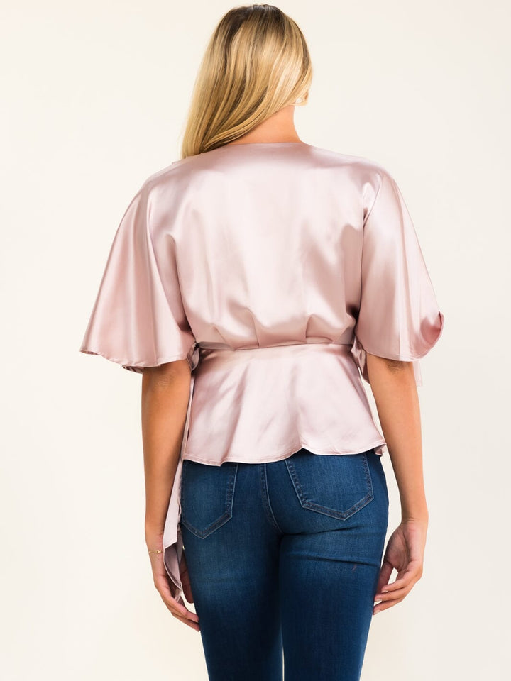 WOMEN'S SHORT SLEEVE SELF TIE WRAP BLOUSE
