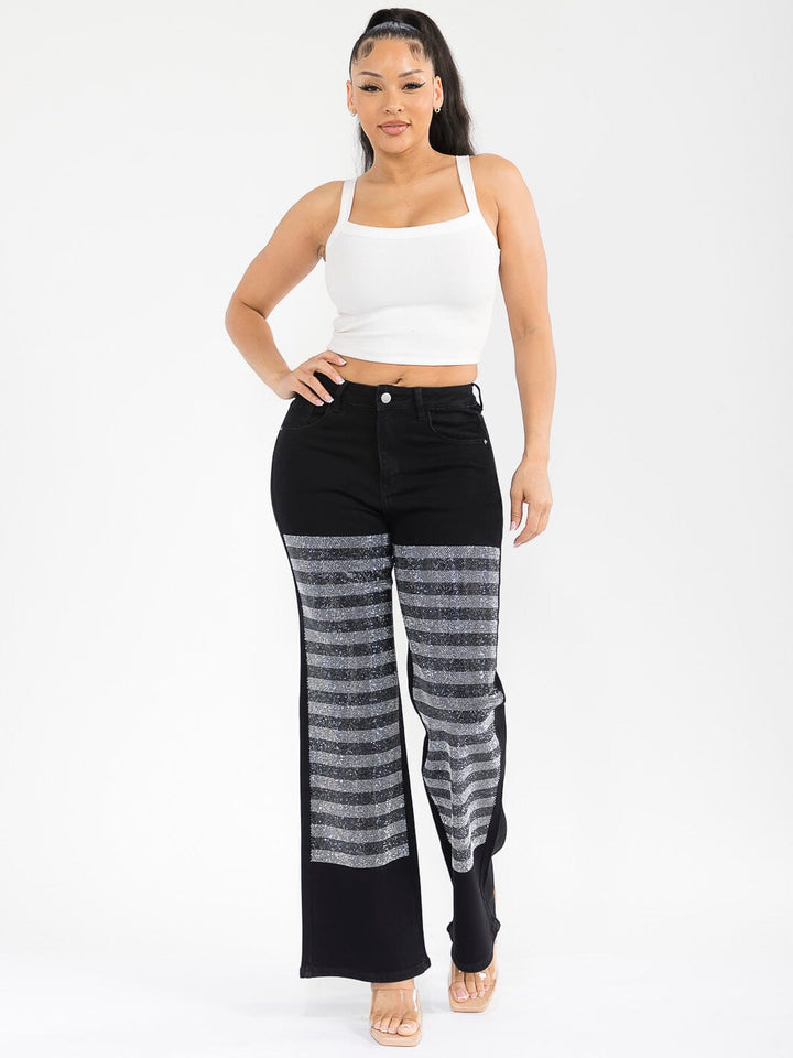 WOMEN'S BUTTON CLOSURE POCKETS WIDE LEG STRETCH RHINESTONES DENIM PANTS