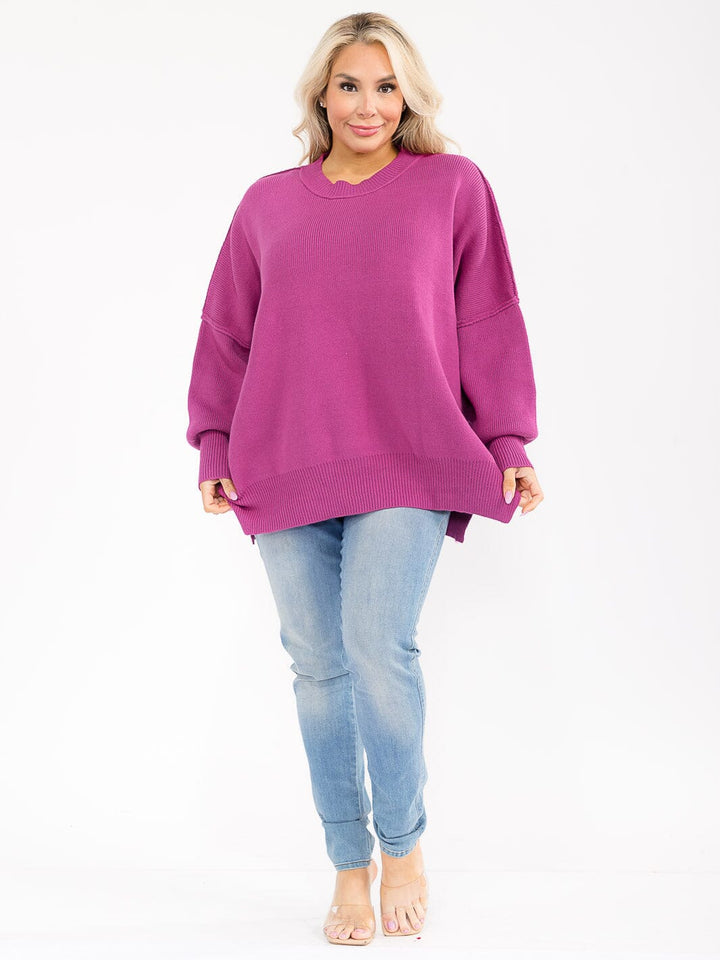 PLUS SIZE LONG SLEEVE RIBBED PULLOVER BLOUSE