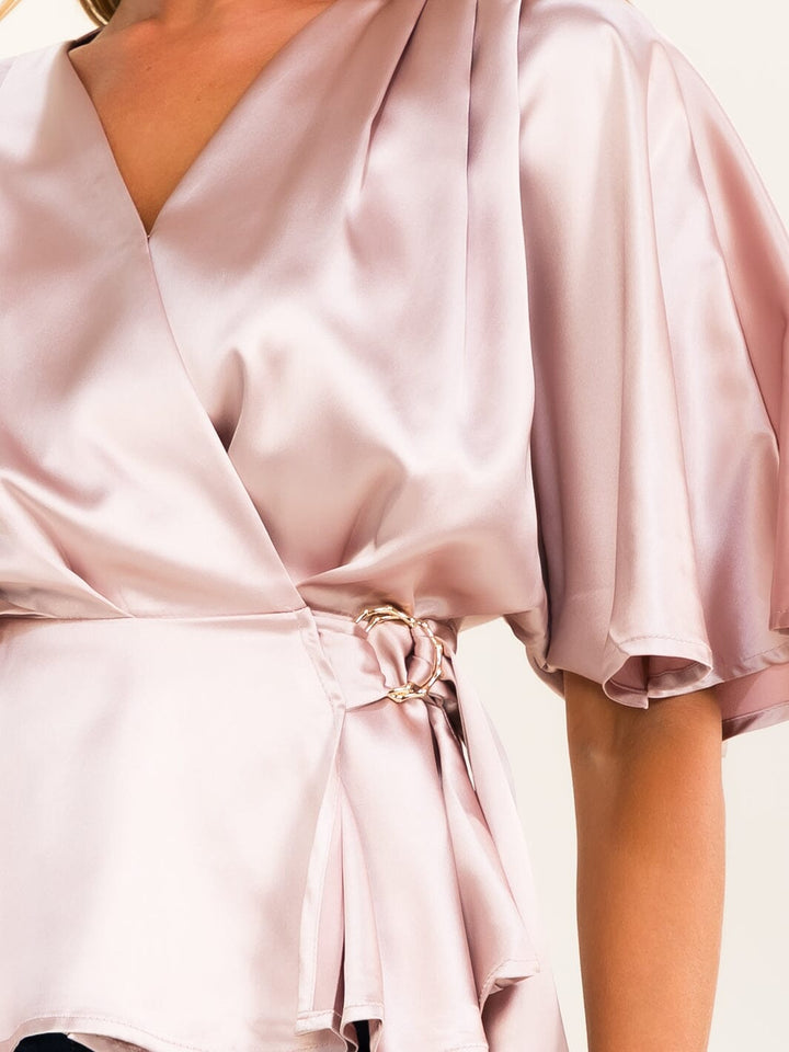 WOMEN'S SHORT SLEEVE SELF TIE WRAP BLOUSE
