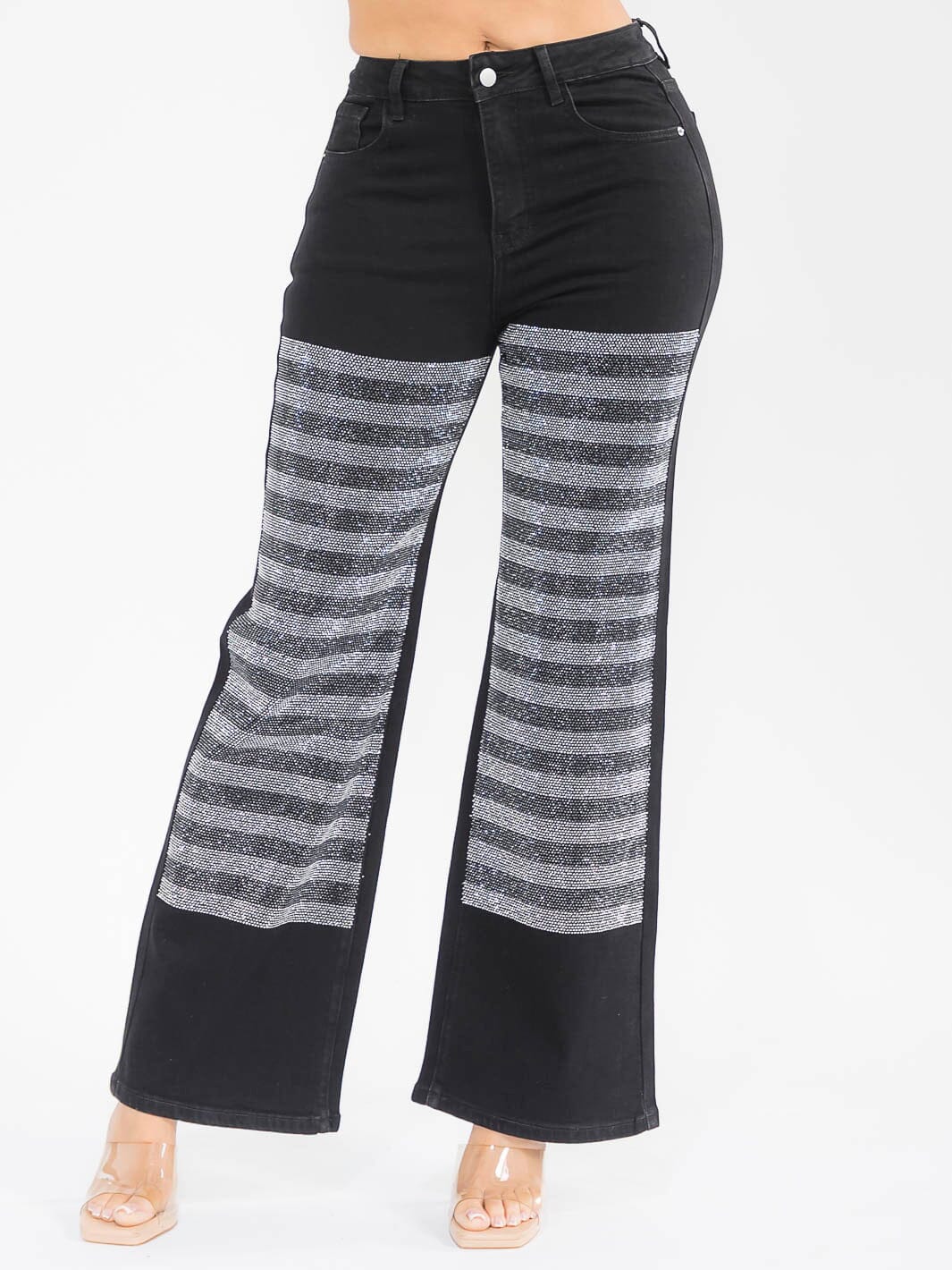 WOMEN'S BUTTON CLOSURE POCKETS WIDE LEG STRETCH RHINESTONES DENIM PANTS